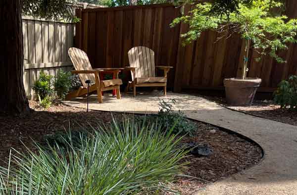Shaded seating nook, DG path, Dianella and Potted Maple